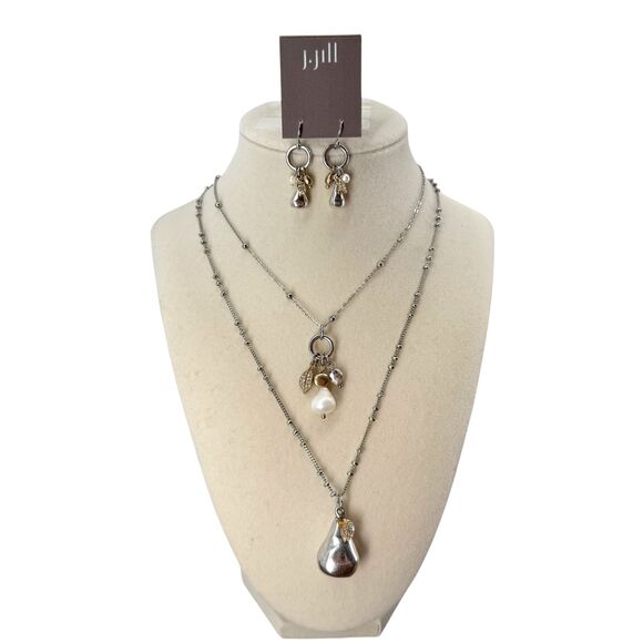 J. Jill Layered Necklace & Earrings Beaded Metal Pear Charm Rhinestone Dangle - Picture 2 of 11